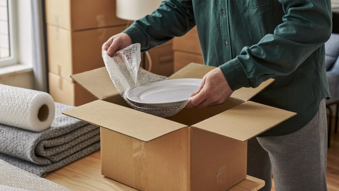 Umzugshelfer verpackt einen Teller in Luftpolsterfolie über einem offenen Umzugskarton