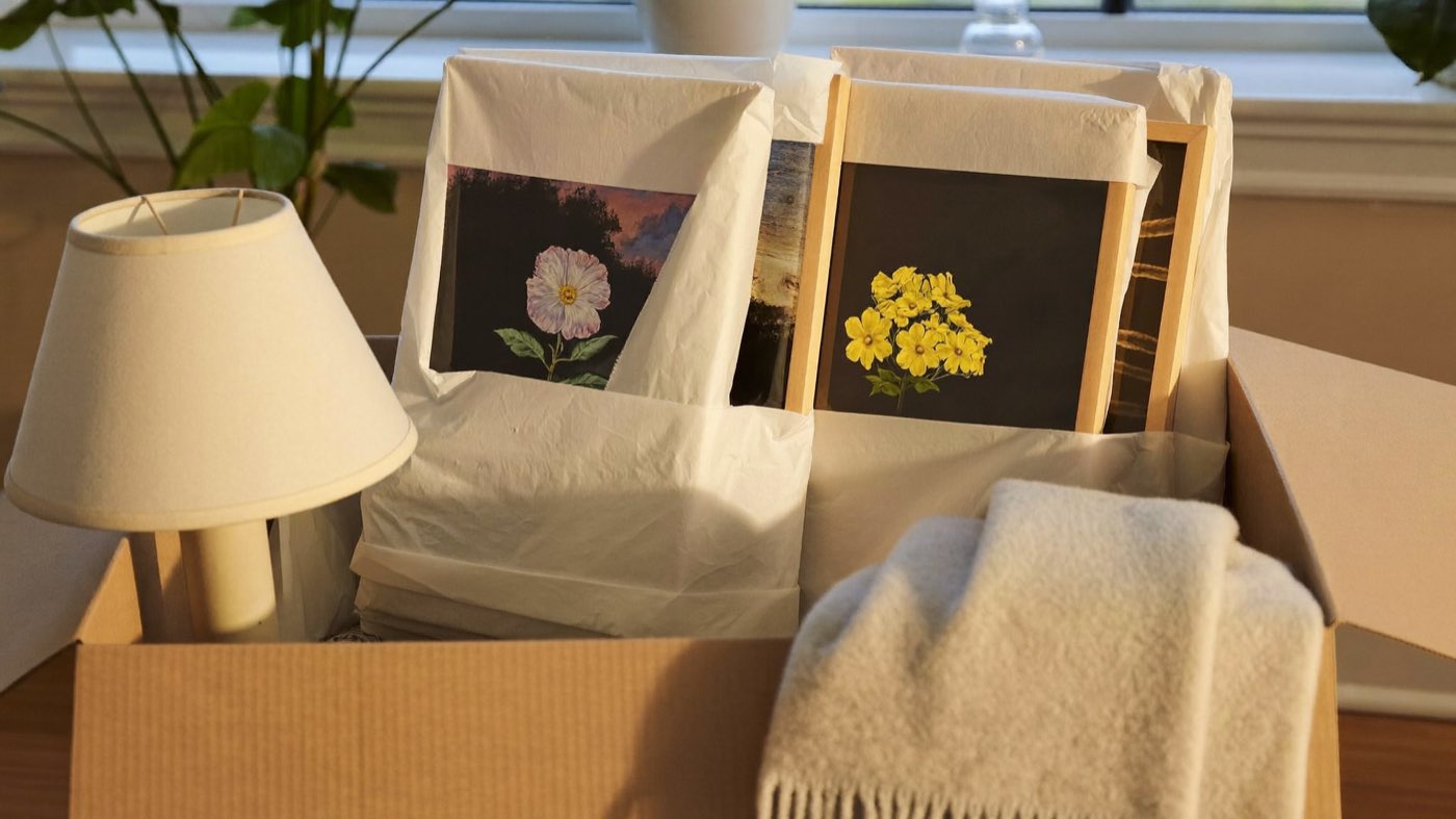 Sorgfältig gepackter Umzugskarton mit eingeschlagenen Bilderrahmen, daneben Tischlampe und gefaltete Wolldecke