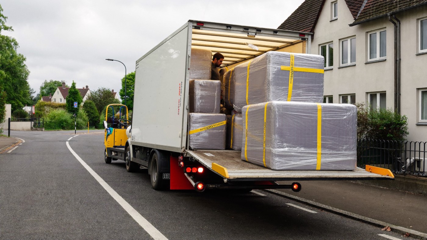 Umzugsteam verlädt gepolsterte Möbel in einen Transporter in Stade