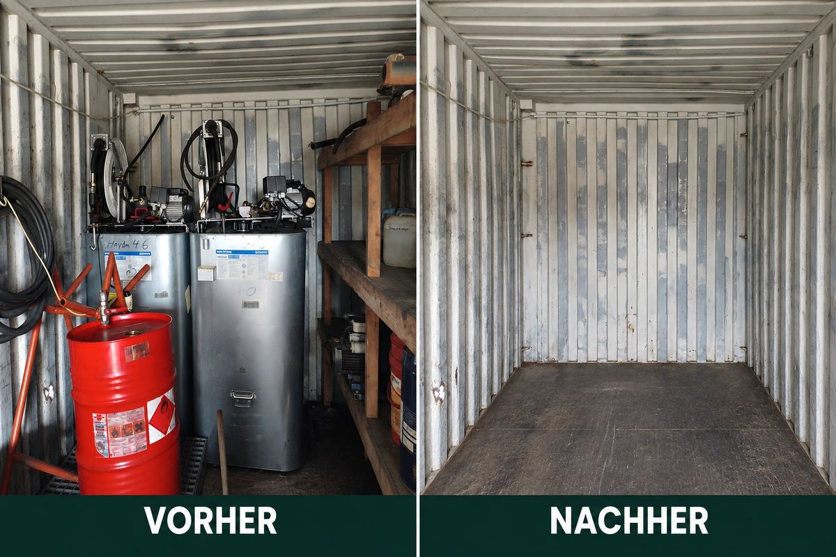 Vorher-Nachher-Vergleich eines Lagercontainers: vorher mit zwei Tanks, einem roten Fass und Regalen, nachher leer geräumt