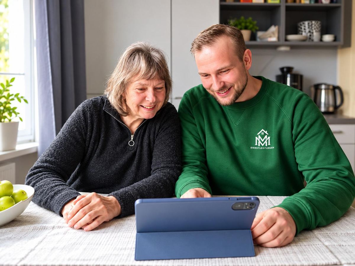 Ein Teammitglied von MM Dienstleistungen sitzt mit einer älteren Dame am Küchentisch, beide schauen lächelnd auf ein Tablet