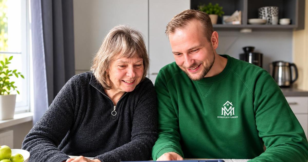 Ein Teammitglied von MM Dienstleistungen und eine ältere Dame schauen am Küchentisch lächelnd gemeinsam auf ein Tablet